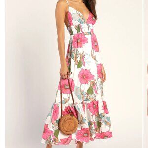 LULUS Truly Tropical Ivory Multi Floral Print Sleeveless Maxi Dress size small